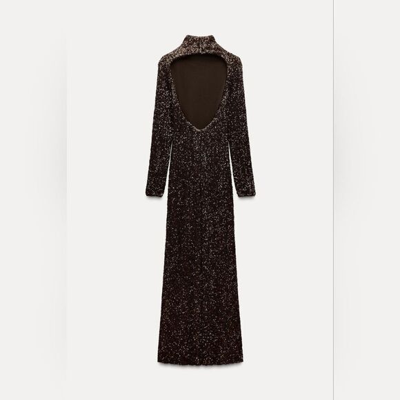 RUNS LARGE NWT ZARA SEQUIN LONG DRESS ZW COLLECTION Mocha Color - Picture 11 of 15